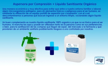 Aspersora por Compresión de 1.5 Litros, incluye una Garrafa con 5 Litros de Sanitizante Orgánico Biodegradable.