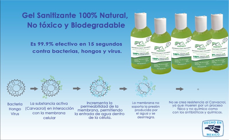 Caja con 5 botellas de Gel Sanitizante 60 ml de Origen Natural y Biodegradable. No Tóxico.