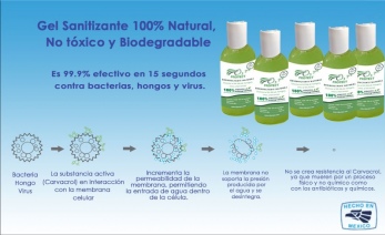 Caja con 5 botellas de Gel Sanitizante 60 ml de Origen Natural y Biodegradable. No Tóxico.