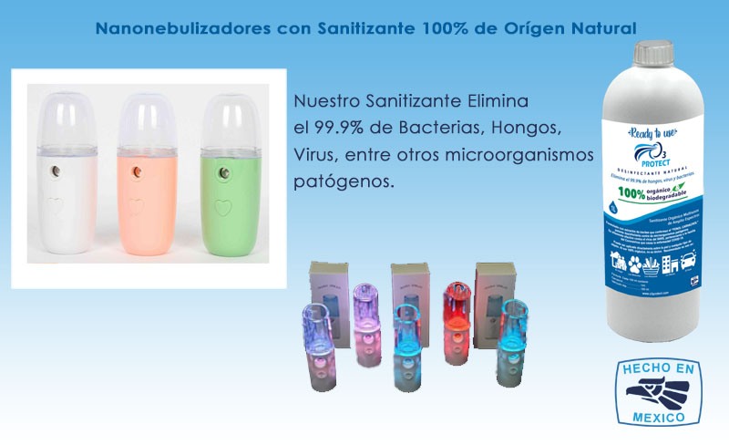 Caja con 3 Nanonebulizadores de Bolsillo CON 1 Litro de Sanitizante Líquido Orgánico, No tóxico